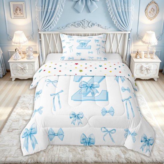 Feelyou Bow Letter Z Twin Comforter Sets for Girls, Gingham Ribbon Bedding Set, Blue, Polkadot Reversible, 2-Piece