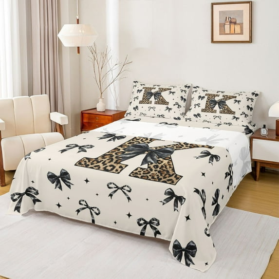 Feelyou Bow Monogrammed K Full Size Sheets, Kawaii Princess Bowknot Bed Sheets, 4pcs
