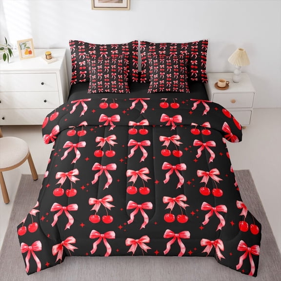 Feelyou Bow-tie Cherry Twin Bedding Sets 7pcs, Black Red Bedding Comforter Set