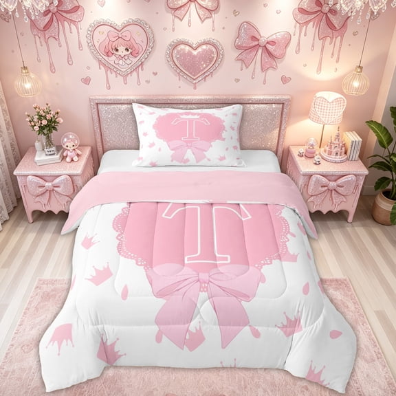 Feelyou Bow-tie Letter T Twin Comforter Sets for Girls, Cartoon Princess Crown 02, Pink White, Pink Reversible, 2 Pieces, 1 Comforter and 1 Pillowcase