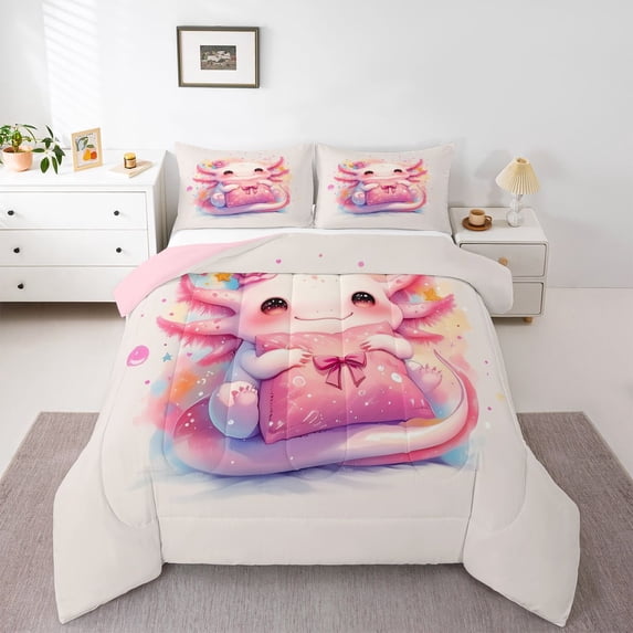 Feelyou Bowknot Axolotl Teen Queen Comforter Set, Fairy Princess Bedding Set, 3pcs