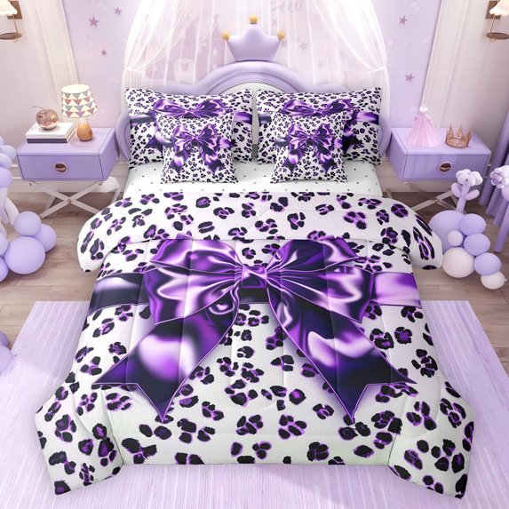 Feelyou Bowknot Bedding Comforter Set 7pcs, Leopard Print Wildlife Queen Bedding Sets