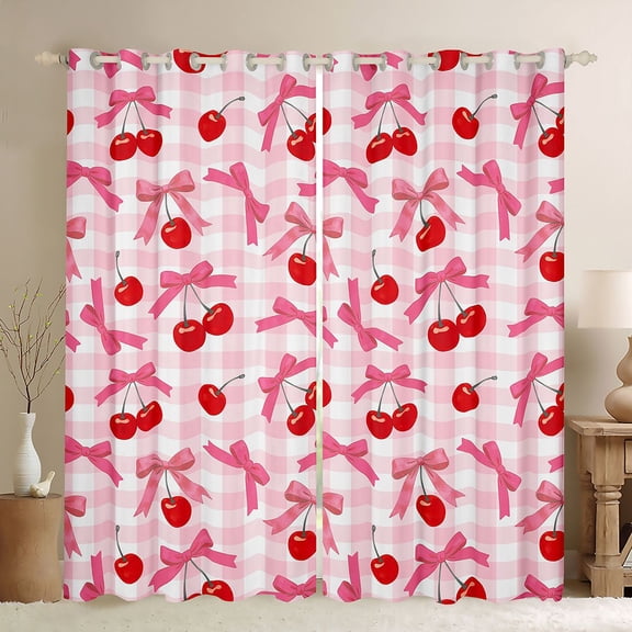 Feelyou Bowknot Black Out Curtains, Pink Plaid Abstract Curtains Pack of 2 (42x63 Each)