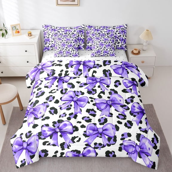 Feelyou Bowknot Bow Bedding Comforter Set 7pcs, Fashion Leopard Print Queen Bedding Sets