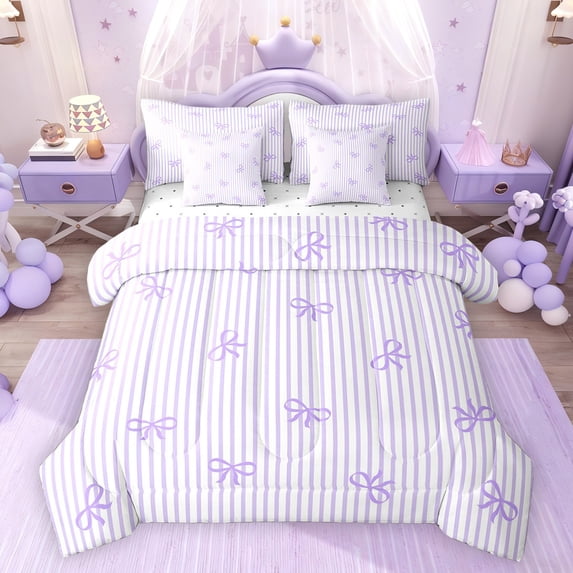 Feelyou Bowknot Bow Bedding Comforter Set 7pcs, Purple Lines Abstract Queen Bedding Sets
