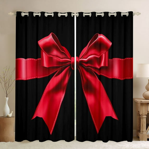 Feelyou Bowknot Bow Blackout Curtains Set of 2 (52x84 Each), Black Red Window Curtains