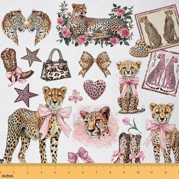 Feelyou Bowknot Cheetah Leopard Fabric by the Yard 1 Yard, Pink Fashion Home Decor Fabric by the Yard, Cowgirl Princess Style Sewing Fabric, Super Cozy Room Decor