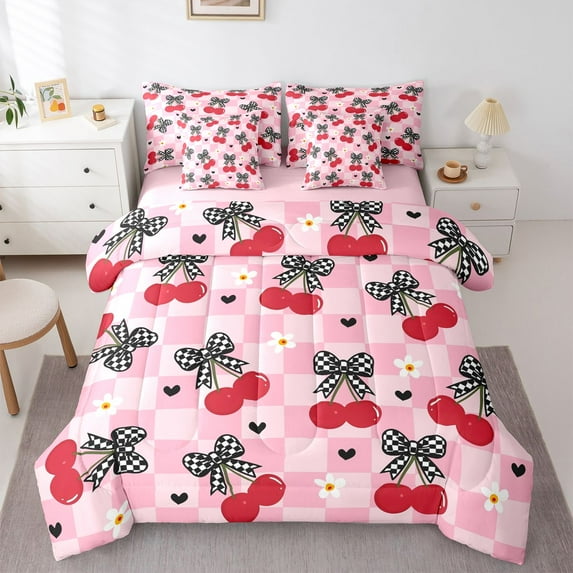 Feelyou Bowknot Cherry Bedding Comforter Set 7pcs, Pink Buffalo Plaid King Bedding Sets
