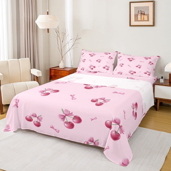 Feelyou Bowknot Cherry Child Queen Sheet Sets, Girly Pink Ribbon Bow Flat Sheet, Kawaii Cute Cartoon Queen Fitted Sheet, Ultra Soft Home Decor, 4pcs