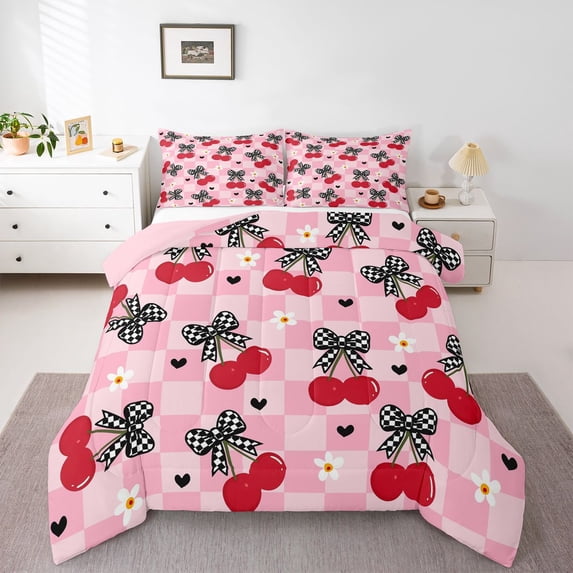 Feelyou Bowknot Cherry Kids Twin Comforter Sets, Pink Buffalo Plaid Bedding Set, 2 Pieces