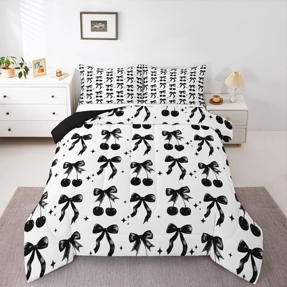 Feelyou Bowknot Cherry Queen Comforter Set, Cute Stars Bedding Comforter Set, 3pcs