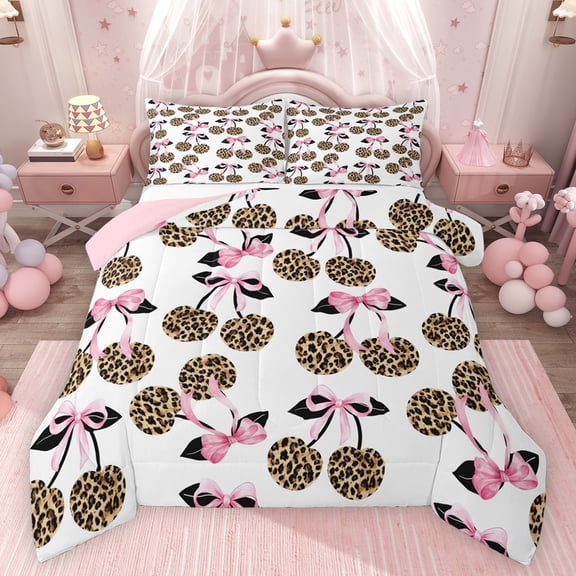 Feelyou Bowknot Cherry Queen Comforter Set, Leopard Cheetah Print Bedding Set, 3pcs