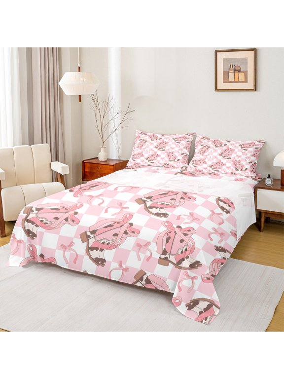 Bowknot Cowgirl Boot Bed Sheets for Kids, Cute Western Princess King Sheets, Pink Buffalo Plaid Sheet Set, Microfiber Bedroom Decor, 4-Piece