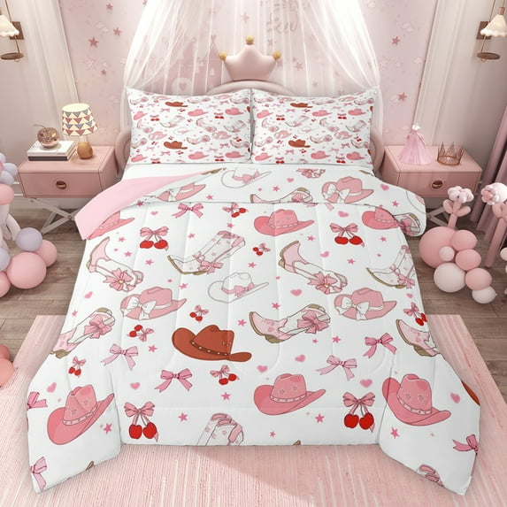 Feelyou Bowknot Cowgirl Boot Full Size Comforter Sets, Cartoon Cherry Love Heart Bedding Comforter Set, Teens Kids Girls Women Reversible Bedding Sets, Breathable Home Decor, 3pcs