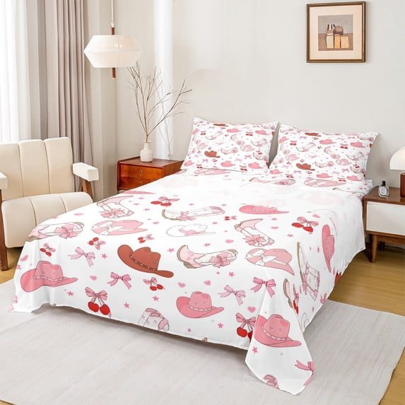 Feelyou Bowknot Cowgirl Boot Full Size Sheets, Cartoon Cherry Love Heart Bed Sheets, Teens Kids Girls Women Sheet Sets, Breathable Home Decor, 4pcs