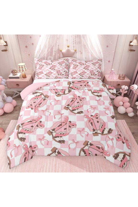 Bowknot Cowgirl Boot Queen Comforter Set for Kids, Cute Western Princess Bedding Sets, Pink Buffalo Plaid Reversible Bedding Comforter Set, Microfiber Bedroom Decor, 3-Piece