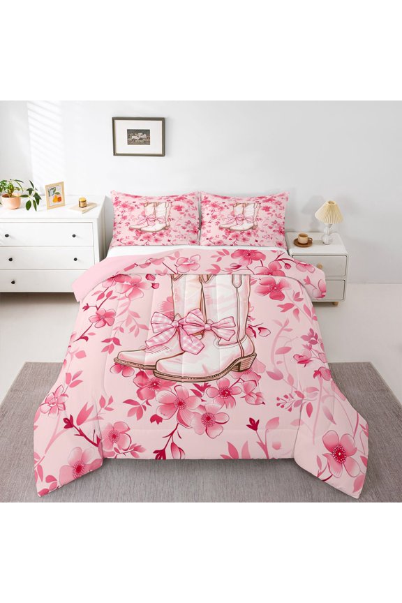 Bowknot Cowgirl Boot Queen Comforter Set, Pink Blossoms Flower Bedding Set, 3pcs