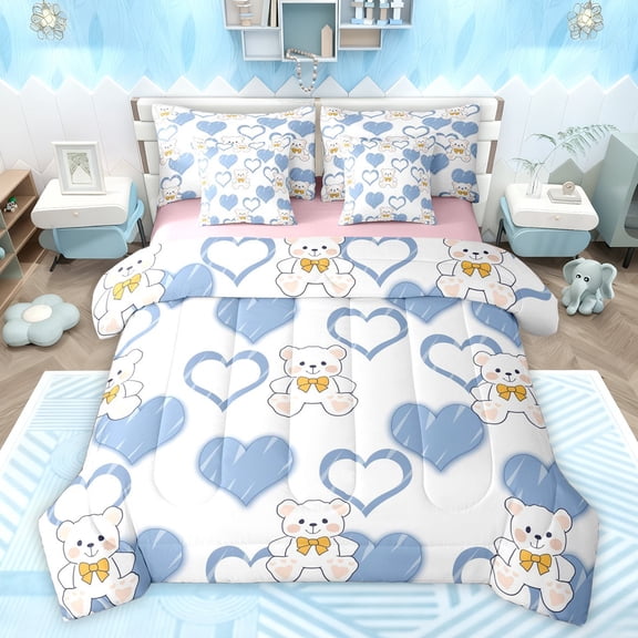 Feelyou Bowknot Doll Bear Bedding Comforter Set 7 Pieces, Kawaii Love Heart Blue Full Bedding Set, Teens Kids Boys Girls Reversible Fitted Sheet Flat Sheet, Breathable Home Decor