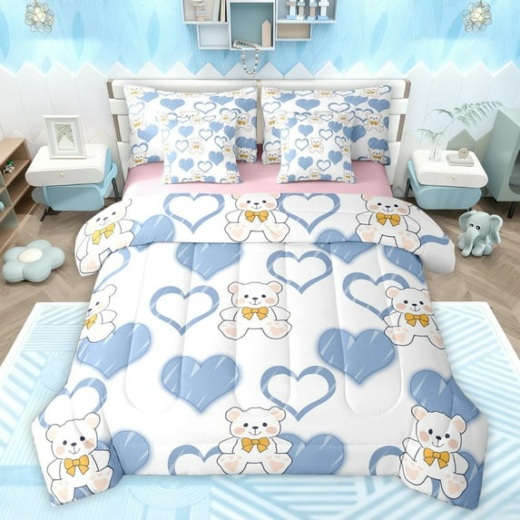 Feelyou Bowknot Doll Bear Twin Bedding Sets 7-Piece, Kawaii Love Heart Blue Bedding Comforter Set, Teens Kids Boys Girls Reversible Sheet Sets, Breathable Home Decor