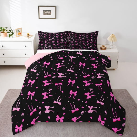 Feelyou Bowknot Full Size Comforter Sets, Black Pink Bedding Sets, 3 Pieces