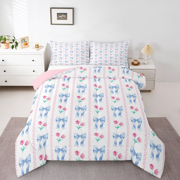 Feelyou Bowknot Full Size Comforter Sets, Cartoon Flower Bedding Sets, 3pcs