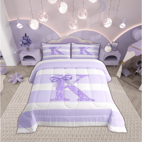 Feelyou Bowknot Glitter K Queen Comforter Set, Chic Initial Letter Bedding Sets, Modern Fashion Bedding Comforter Set, Luxury Bedroom Decor,3-Piece