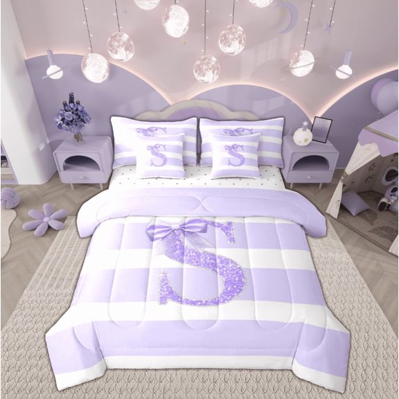 Feelyou Bowknot Glitter S Twin Bedding Sets 7-Piece, Chic Initial Letter Bedding Comforter Set, Modern Fashion Sheet Sets, Super Cozy Room Decor