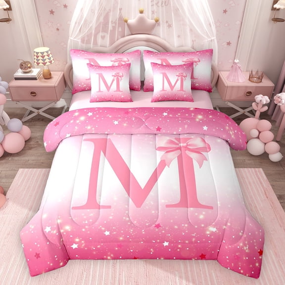 Feelyou Bowknot Initial M Bedding Comforter Set 7pcs, Glitter Stars King Bedding Sets