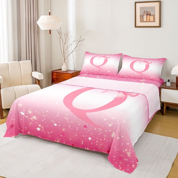 Feelyou Bowknot Initial Q Twin Sheet Sets, Glitter Stars Sequin Print Bedding, 3pcs