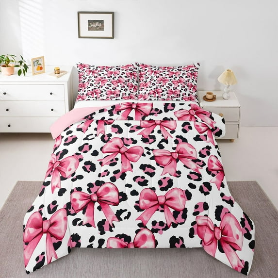 Feelyou Bowknot Kid Queen Comforter Set, Pink Cheetah Leopard Print Bedding Set, 3pcs