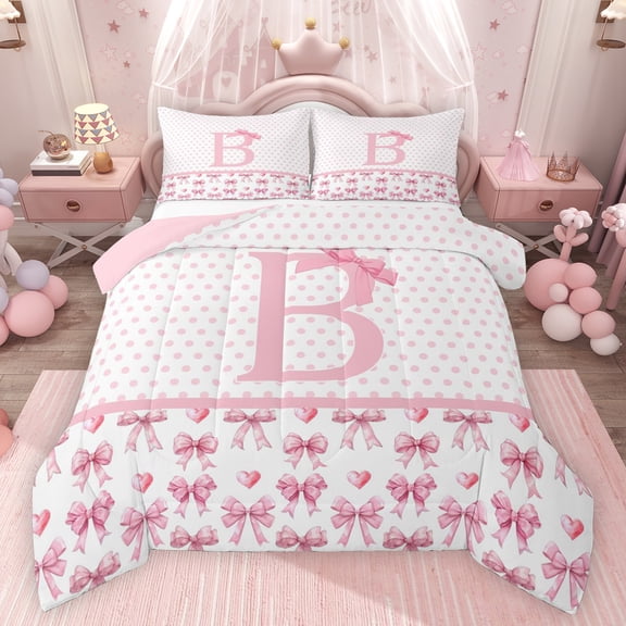 Feelyou Bowknot Letter B Twin Comforter Sets, Kawaii Princess Pink Bedding Set, 2-Piece