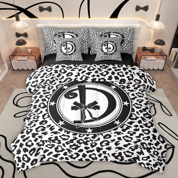 Feelyou Bowknot Letter D Bedding Comforter Set 7pcs for Child, Leopard Cheetah Print King Bedding Sets, Modern Fashion Style Reversible Bed Sheets, Super Cozy Room Decor
