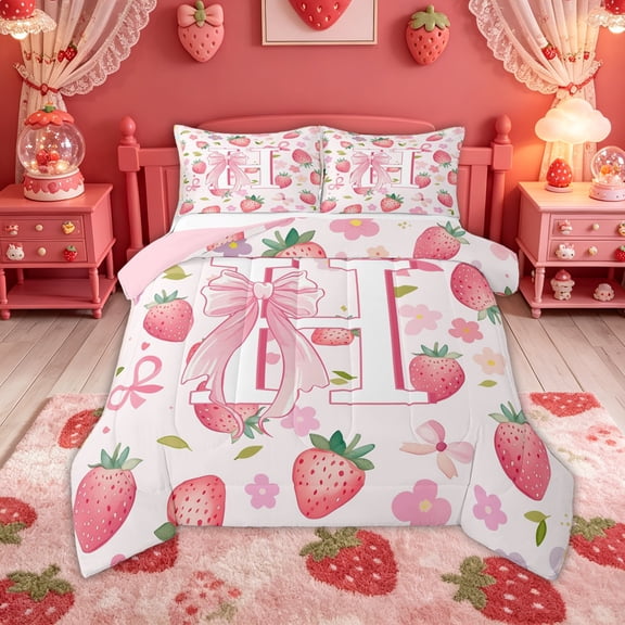 Feelyou Bowknot Letter H Queen Comforter Set for Kids, Fruit Strawberry Bedding Comforter Set, Pink, Pink Reversible, 3pcs