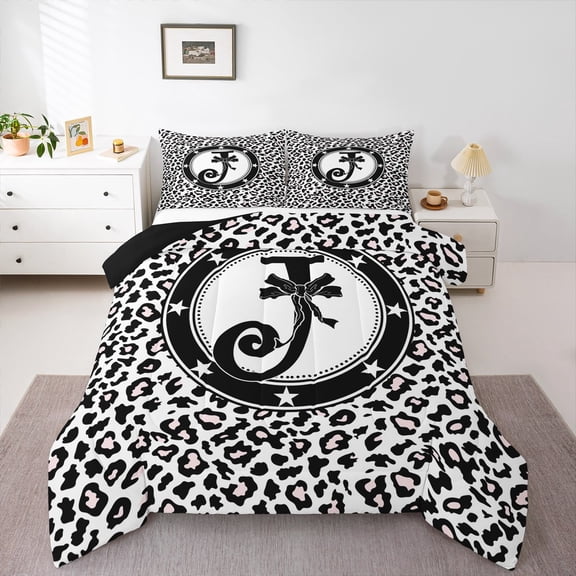 Feelyou Bowknot Letter J Queen Comforter Set for Child, Leopard Cheetah Print Bedding Sets, Modern Fashion Style Reversible Bedding Comforter Set, Super Cozy Room Decor, 3pcs