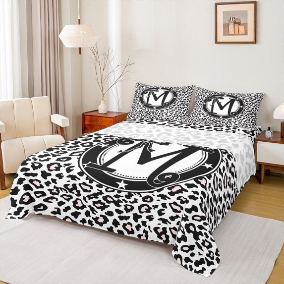 Feelyou Bowknot Letter M Bed Sheets for Child, Leopard Cheetah Print King Sheets, Modern Fashion Style Sheet Set, Microfiber Bedroom Decor, 4pcs