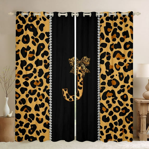 Feelyou Bowknot Monogrammed J Blackout Curtains Set of 2 (52x84 Each) for Girl, Leopard Cheetah Print Window Curtains, Modern Fashion Style Curtains and Drapes, Curtains and Drapes Decor