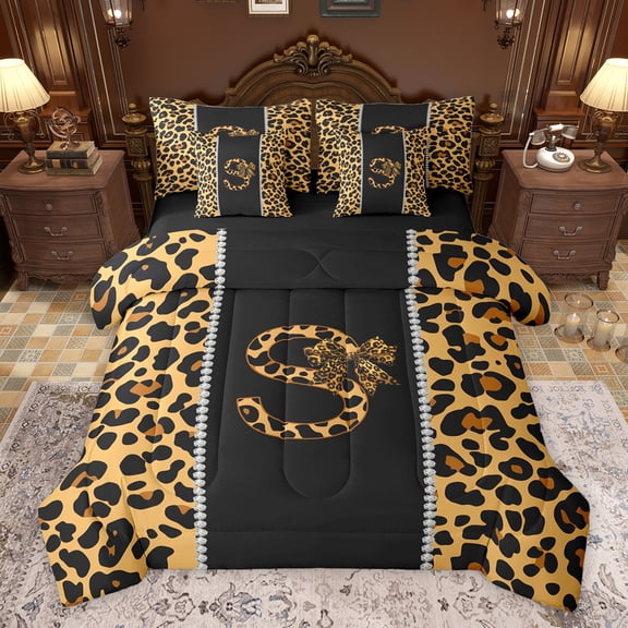 Feelyou Bowknot Monogrammed S Bedding Comforter Set 7pcs for Girl, Leopard Cheetah Print King Bedding Sets, Modern Fashion Style Reversible Bed Sheets, Ultra Soft Bedroom Decor
