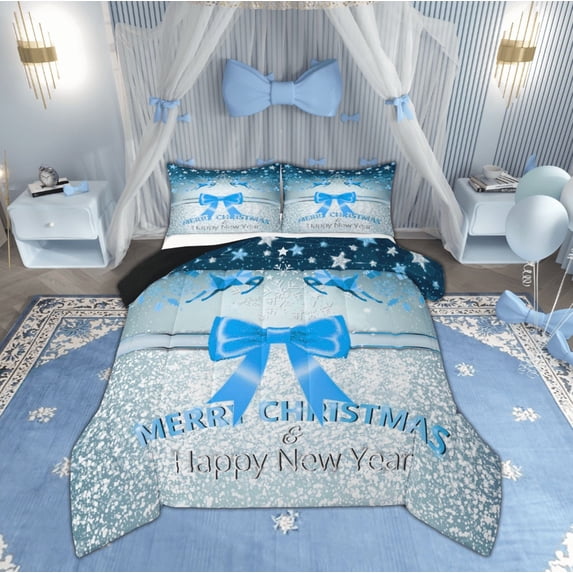 Feelyou Bowknot Ribbon Queen Comforter Set for Kid, Christmas Snowflake Bedding Sets, Blue Sequin Print Reversible Bedding Comforter Set, Ultra Soft Home Decor, 3 Pieces