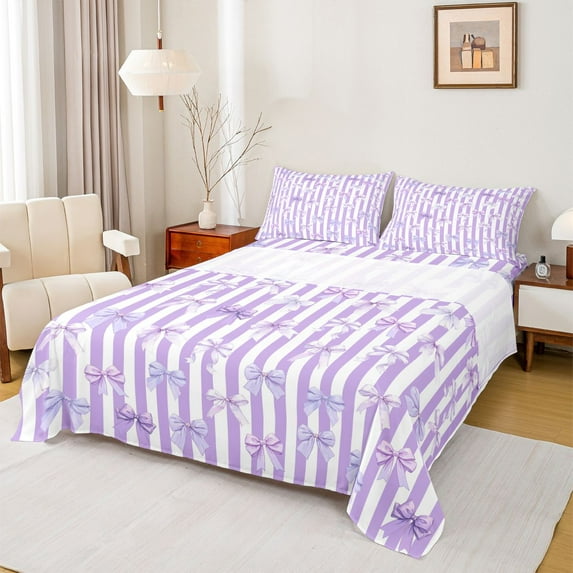 Feelyou Bowknot Ribbon Queen Sheet Sets, Purple Stripes Lines Bed Set, 4-Piece