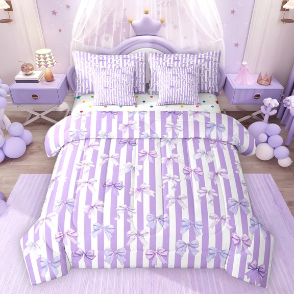 Feelyou Bowknot Ribbon Twin Bedding Sets 7pcs, Purple Stripes Lines Bedding Comforter Set