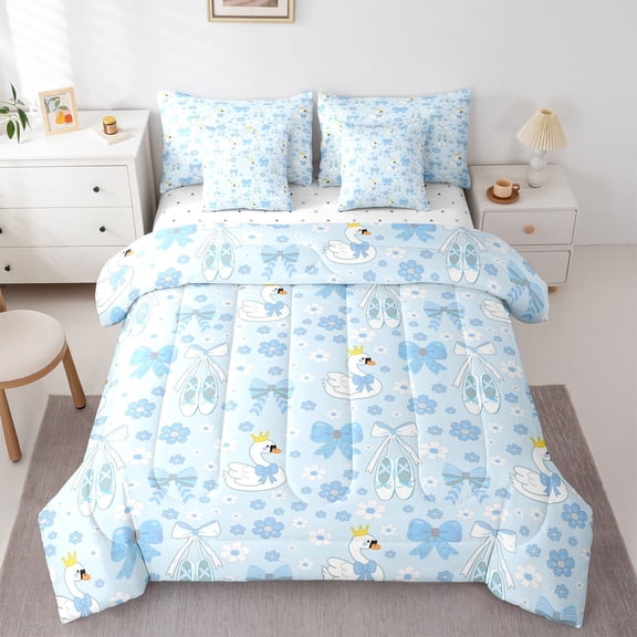 Feelyou Bowknot Swan Bedding Comforter Set 7pcs, Blue Cherry Blossoms Queen Bedding Sets