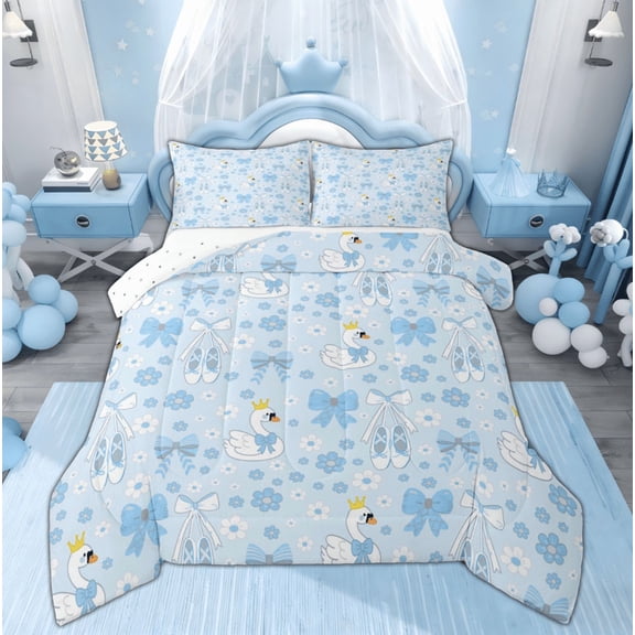 Feelyou Bowknot Swan Queen Comforter Set, Blue Cherry Blossoms Bedding Comforter Set, 3pcs