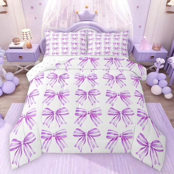 Feelyou Bowknot Teens Twin Comforter Sets, Purple Watercolor Bow Bedding Set, 2 Pieces