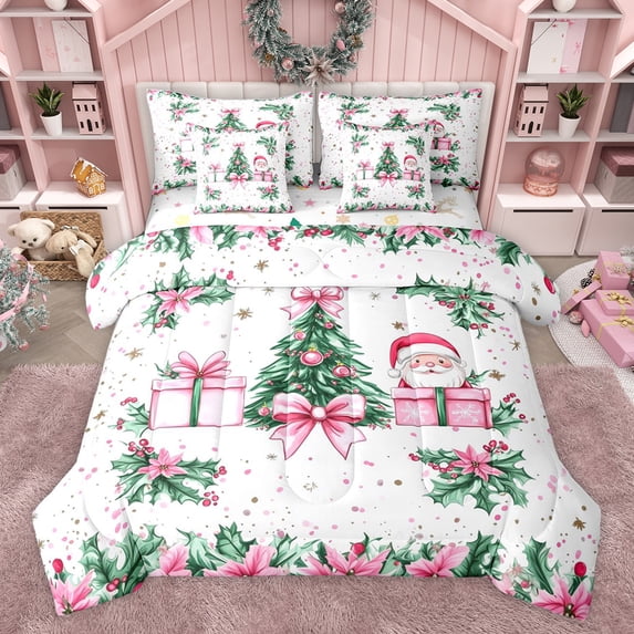 Feelyou Bowknot Xmas Tree Bedding Comforter Set 7 Pieces for Kids, Kawaii Santa Claus Full Bedding Set, Christmas Poinsettia Flower Reversible Fitted Sheet Flat Sheet, Microfiber Bedroom Decor