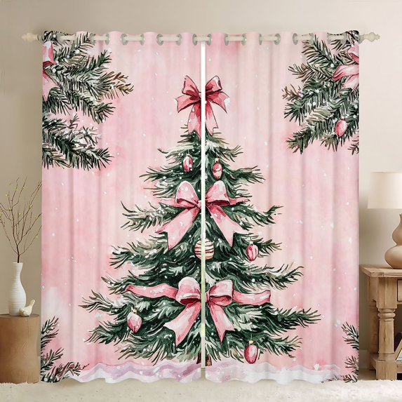 Feelyou Bowknot Xmas Tree Curtains Pack of 2 (52x84 Each), Merry Xmas Window Curtains