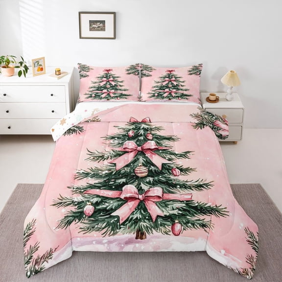 Feelyou Bowknot Xmas Tree Full Size Comforter Sets, Merry Christmas Bedding Sets, 3pcs