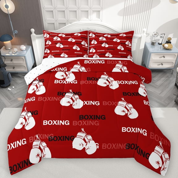 Feelyou Boxing Athlete Kids Bedding Comforter Set, Kawaii Red Boxing Gloves Twin Comforter Sets, Cartoon Sports Theme Reversible Bedding Set, Luxury Bedroom Decor, 2 Pieces