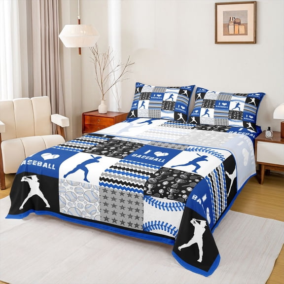 Feelyou Boys Baseball Athlete Bed Sheets, Cartoon Sports Player King Sheets, Blue Stripes Patchwork Sheet Set, Ultra Soft Bedroom Decor, 4pcs