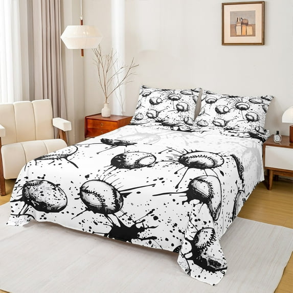 Feelyou Boys Baseball Print Bed Sheets, Sport Ball Player King Sheets, Cartoon Watercolor Splash Sheet Set, Lightweight Room Decor, 4-Piece