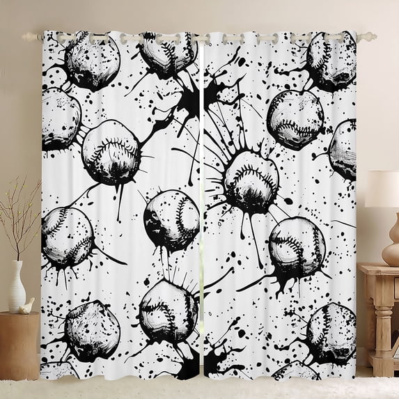Feelyou Boys Baseball Print Curtains Pack of 2 (42x84 Each), Sport Ball Player Curtains Blackout, Cartoon Watercolor Splash Bedroom Curtains, Blackout Curtains Room Decor